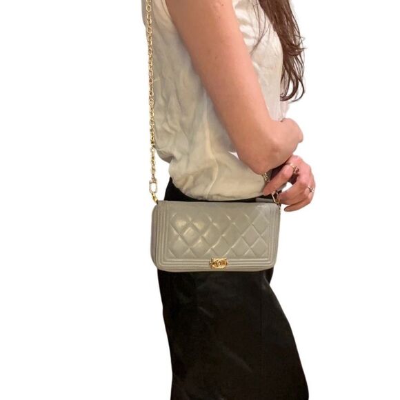 Chanel Gray Quilted Leather Wallet with Gold Clasp